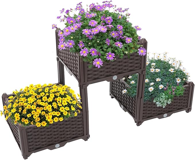 Raised Garden Bed 44x15x21 in Patio Planter Boxes Herb Garden Planter with 3 Pots Plastic Garden Beds for Planter Backyard Vegetables Flower Tomato Patio
