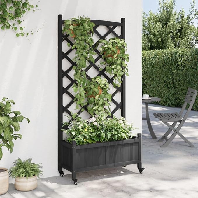 Raised Garden Bed with Trellis and Wheels Black Solid Fir Wood Planter Box for Outdoor Garden Patio Elevated Planter with Drainage for Climbing Plants Flowers Vegetables and More