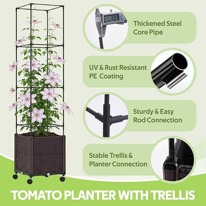 Raised Garden Bed Planter Box with Tomato Cage - Self-Watering Tomato Planters with Trellis for Climbing Plants Outdoor - Vertical Gardening Tomatoes Pot with Trellis Wheels for Vegetable Vine