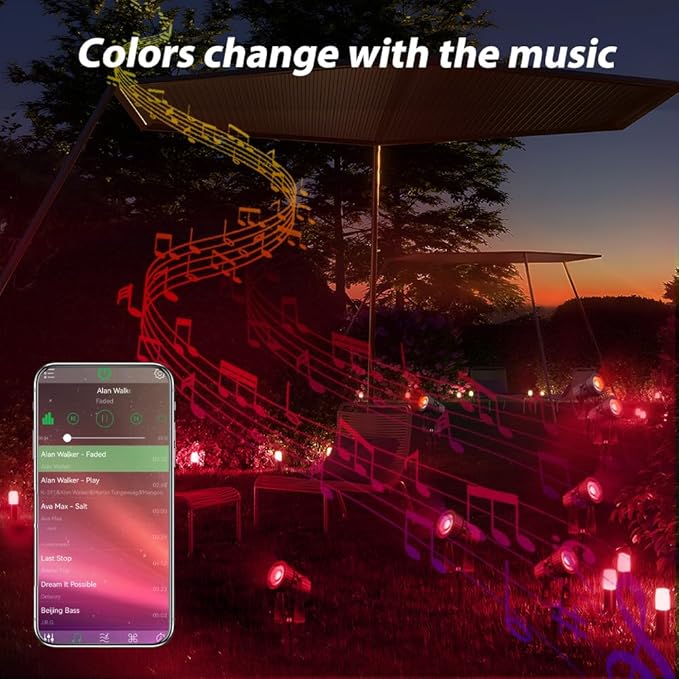 Smart Low Voltage Landscape Lights Bluetooth Landscape Lighting RGB Warm White LED Spotlights APP Control 12V 24W Outdoor Yard Spot Lights with Spike Stand Waterproof Garden Light Music Sync