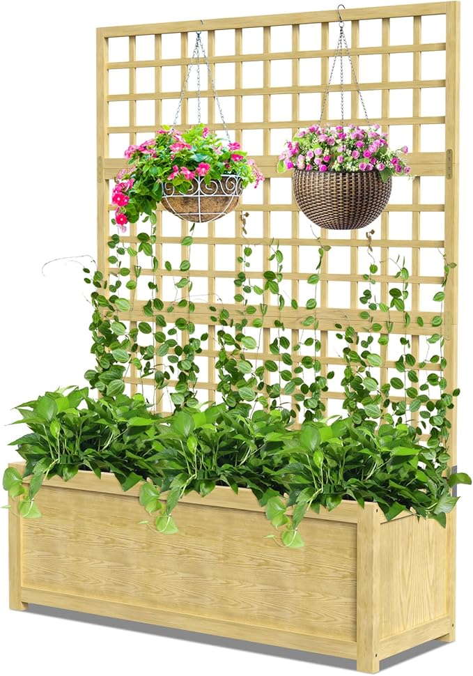 Raised Garden Bed with Trellis Freestanding Wood Planter Box w/Drainage Holes for Vine Climbing Plants Flowers Elevated Garden Box Outdoor Planter with Trellis for Patio Balcony