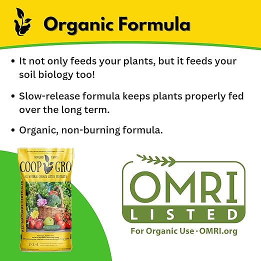 Coop Gro Organic Chicken Manure Fertilizer 25 lb. Bag. All-Natural Plant Food for Vegetable Gardens Flower Beds Indoor Plants &amp Shrubs. Pelleted Fruit Tree Fertilizer