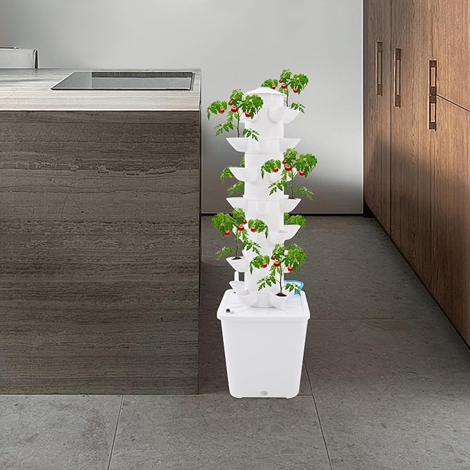 LYNICESHOP 7-Tier Vertical Hydroponic Growing Tower 35 Holes Indoor Gardening System w/Brushless Pump &amp Automatic Water Circulation for Vegetables Herbs Fruits in Home Kitchen Balcony (White)