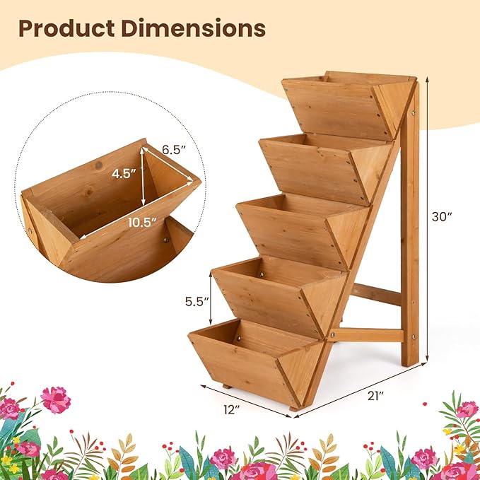 HAPPYGRILL Vertical Raised Garden Bed Freestanding Wood Elevated Planter Box w/Legs for Growing Vegetables Flowers Herbs Indoor Outdoor Tiered Plant Stand for Patio Yard Balcony Corner (25-Tier)
