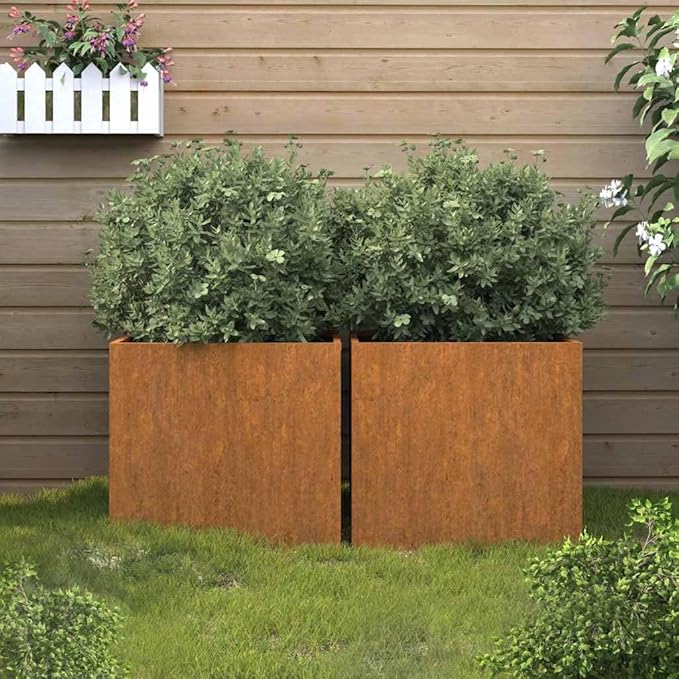 Corten Steel Raised Planter Box Set 2 Pack 19.3 Square Weathered Metal Outdoor Elevated Garden Beds for Patio Vegetable Flower Container Gardening