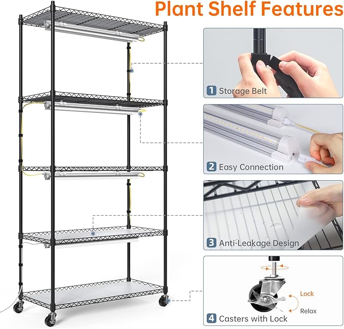 Bstrip Plant Shelf with Grow Light 5-Tier Plant Stand with T8 24W Grow Light for Indoor Plants with Wheel Grow Light Shelf with Timer for Indoor Plant Seedling Seed Starting 29.5x13.8x59IN