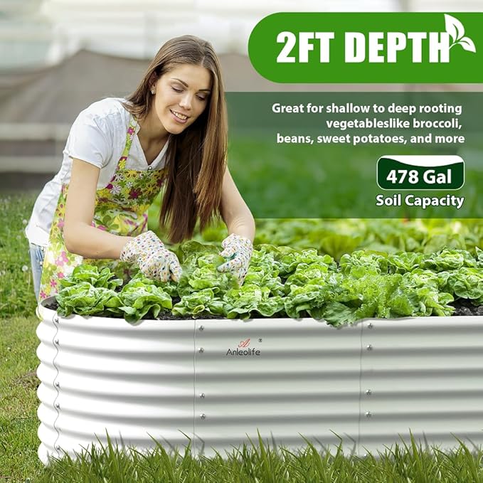 A ANLEOLIFE 8x4x2ft Galvanized Raised Garden Bed Kit Oval Metal Deep Root Planters for Outdoor Plants Vegetables Flowers Herb Large Bottomless 478 Gallon Capacity- Antique White