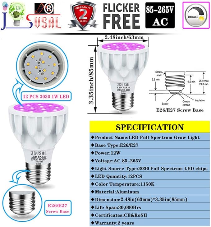 (1-Pack Dimmable 12W Plant Grow Light BulbFull Spectrum Grow LampPAR20 E26 Base AC 85-265V 60W Equivalent LED Grow Light Bulb