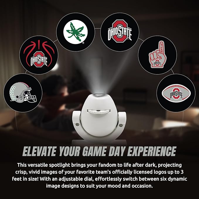 Sporticulture NCAA American Football Ohio State Buckeyes - Adjustable Led Mini Spotlight Projector with 6 Team Logo Designs - Portable &amp Rechargeable Spotlight - Battery-Operated - 4.375” x 3.125”
