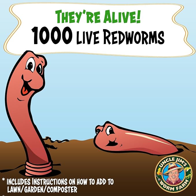 Uncle Jim's Worm Farm 1000 Count Red Wiggler Composting Worms Mix for Garden Soil or Fishing | Pack of Compost Worms Improves Soil Structure and Quality for Healthier Gardens