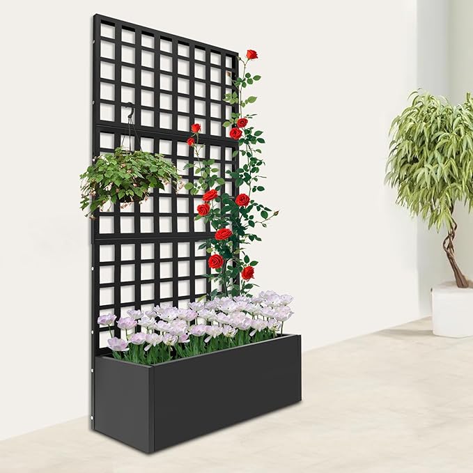 Metal Planter with TrellisRaised Garden Bed with TrellisPlanter Box with Privacy Screen for Climbing Plants Vegetables Vines 35x16x71in (Black)