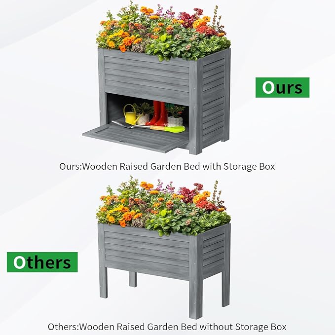 SUNYRISY 2Pack Wooden Raised Garden Bed with Storage Box 34 L x 18 W x 30 H Elevated Large Garden Planter Box for Planting Herb Vegetable Flower Outdoor Indoor Grey