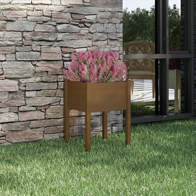 Planter Honey Brown Solid Pinewood 19.7x19.7x27.6 in Sturdy Square Outdoor Raised Garden Bed for Patio Balcony Deck