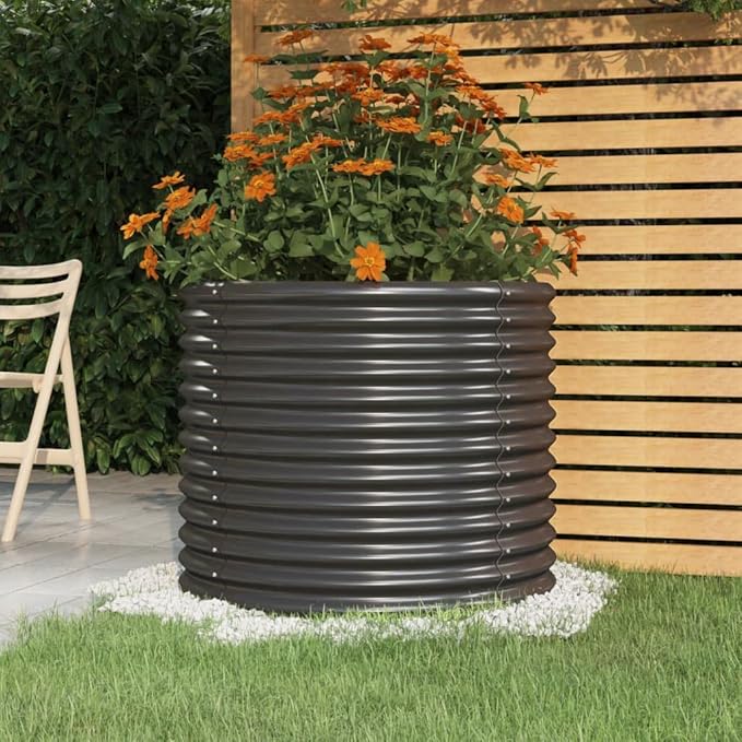 Anthracite Metal Planter Box for Outdoor Gardening Large Round Steel Flower Pots Weather-Resistant Plant Growing Beds 31.5x26.8