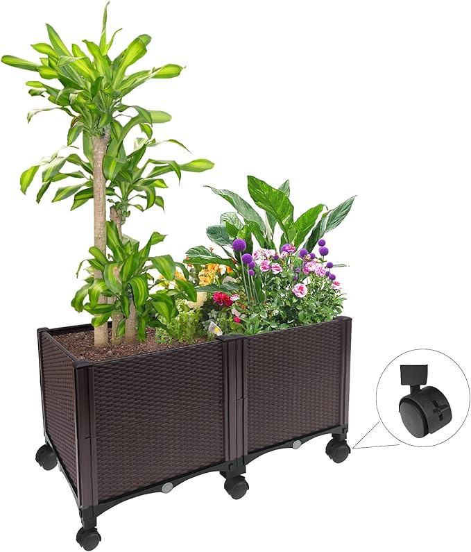 MAYOLIAH Deep Root Raised Garden Bed on Wheels Outdoor Large Plastic Planter Box with Drain Plugs 31.5x15.7x19.7-inch Brown