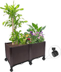 MAYOLIAH Deep Root Raised Garden Bed on Wheels Outdoor Large Plastic Planter Box with Drain Plugs 31.5x15.7x19.7-inch Brown