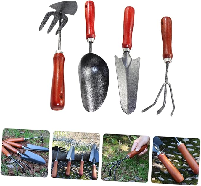 Garden Tool Set 4pcs Mini Metal Hand Trowel Narrow Spade Hand Rake Dual-use Hoe and Soil Scoop for Planting and Weeding in Outdoor Gardening