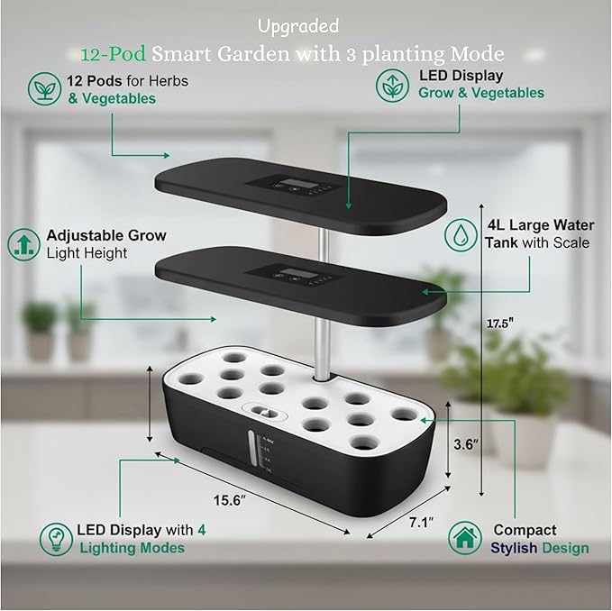 Soil-Free Hydroponics Growing System - 12 Pods with Smart LED Screen Adjustable Height 4L Tank LED Grow Light for Indoor Plants Grow Herbs Year-Around Hydro Garden Gifts for Plant Lovers