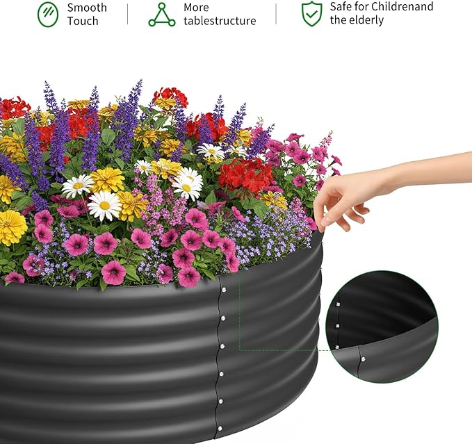 DDK Galvanized Raised Garden BedRound Outdoor Planter Bed 4x4x1.5ft Metal Planter Box for Gardening and PlantingBK