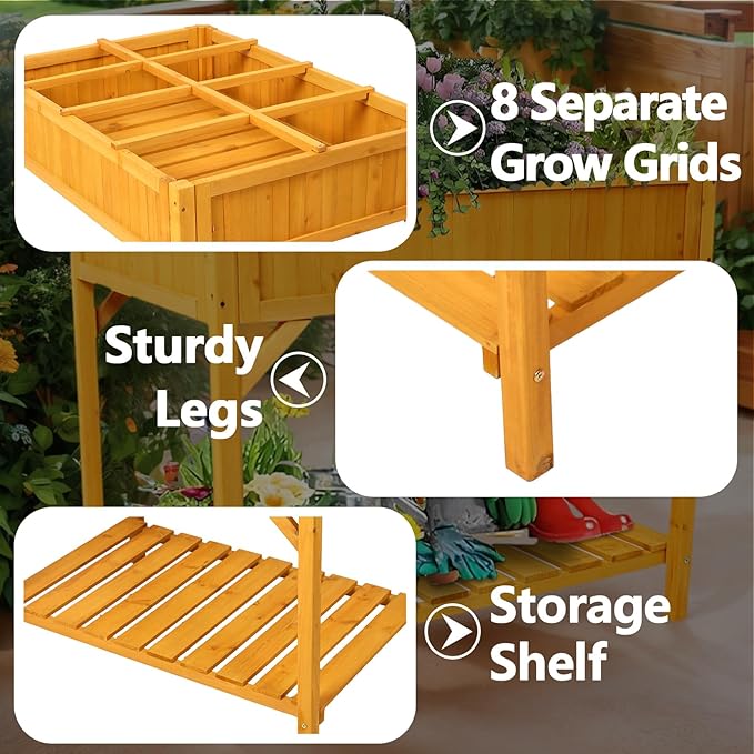 Elevated 8 Pocket Herb Garden BedWooden Standing Planter Box with Legs and Storage Shelf Patio Raised Garden Bed for HerbsVegetablesFlowers (Natural Wood 36 Inch)