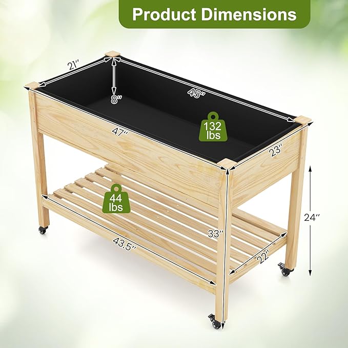 COSTWAY Pine Wood Raised Garden Bed 47 x 23 x 33 Elevated Planter Box with Storage Shelf Lockable Wheels Liner Drainage for Vegetables Flowers Herbs Yard Balcony
