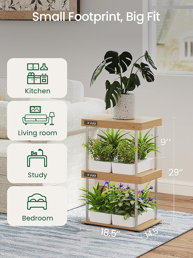 Solid Wood Hydroponic Garden Kit 32-Pod Indoor Grow Station with Full-Spectrum LED 4 Separate Water Reservoirs Countertop Herb and Vegetable Planter for Home