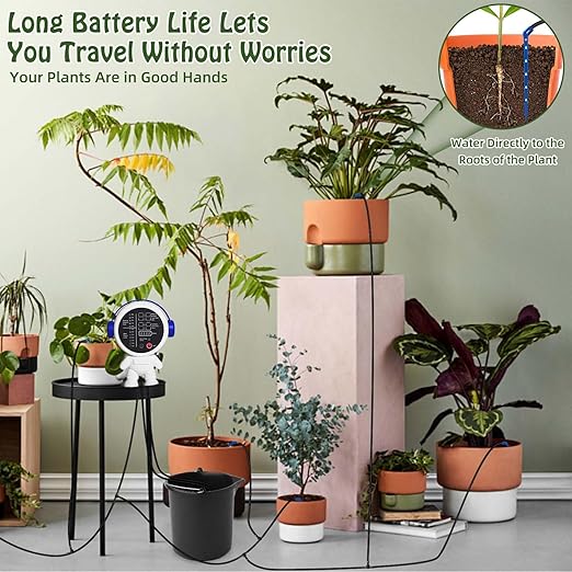 Solar Drip Irrigation System for Garden/Outdoor/Indoor Garden Solar Automatic Watering System for 15 Potted Plants Vacation Automatic Plant Waterer Outdoor with 2500mAh Battery 50Ft Tube