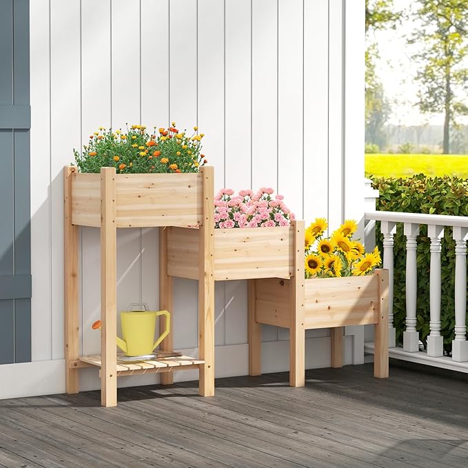 Byroce 3-Tier Raised Garden Bed Wooden Elevated Garden Bed with 3 Planter Boxes Open Storage Shelf &amp Drainage Holes Fir Wood Outdoor Planter Stand for Flower Vegetable Herb in Garden Yard &amp