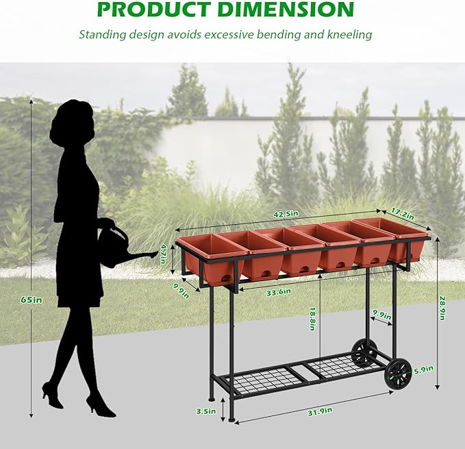 Vrisa Elevated Raised Garden Bed Outdoor with Legs 43x17x29 in Plastic Standing Planter Box with Storage Shelf and Wheels Vegetables Herbs Flowers Gardening Boxes for Backyard Patio Balcony Black
