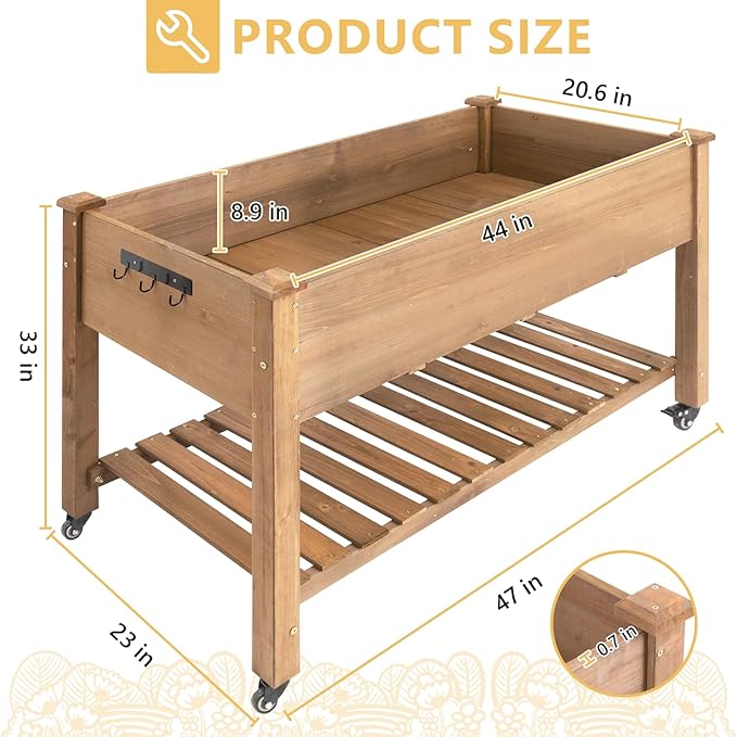 Raised Garden Bed with Wheel 48x24x30in Elevated Wood Planter Box Can Grow Vegetables Flowers and Herbs Suitable for Backyard Patio Balcony Terrace Veranda （Brown）