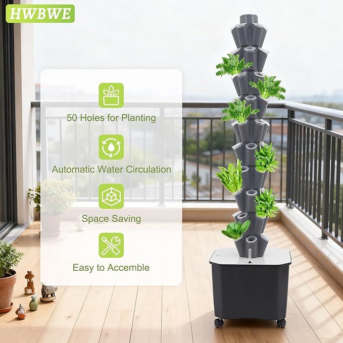 50 Pots Hydroponics Tower 8 Tiers Hydroponics Growing System Tower Vertical Tower Planter Pump Tower with Water Tank Irrigation Pump and Movable Water Tank for Hydroponic Gardening Lovers (Grey)