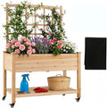 COSTWAY Wooden Raised Garden Bed with Trellis Mobile Elevated Planter on Wheels 285 lbs Capacity with Liner &amp Drainage Holes Freestanding Outdoor Box for Climbing Plants Vegetables &amp Herb