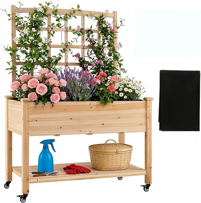 COSTWAY Wooden Raised Garden Bed with Trellis Mobile Elevated Planter on Wheels 285 lbs Capacity with Liner &amp Drainage Holes Freestanding Outdoor Box for Climbing Plants Vegetables &amp Herb