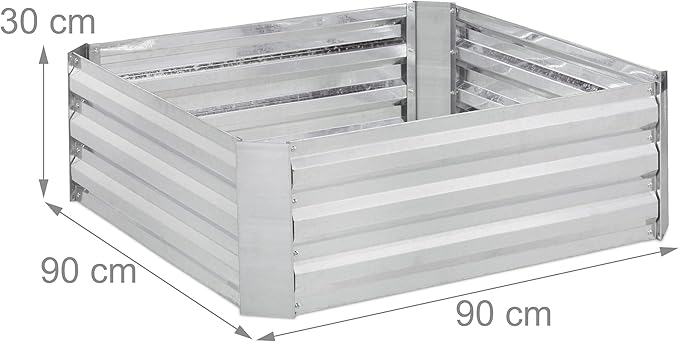 Relaxdays Raised Flowerbed Galvanised Metal for Flowers Vegetables HxWxD: 30x90x90 cm Plant Bed Silver Iron 30 x 90 x 90 cm