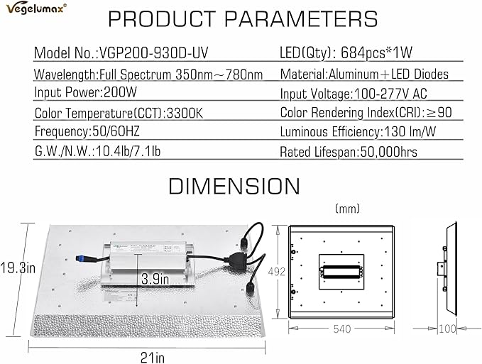 VGP2000 LED Grow Light with UV IR Diodes Actual 200 Watt 3x3 4x4ft Coverage Sunlike Full Spectrum Led Growing Lamp Driver Dimmable for Indoor Plant Seedling Veg Bloom Hydroponics Greenhouse