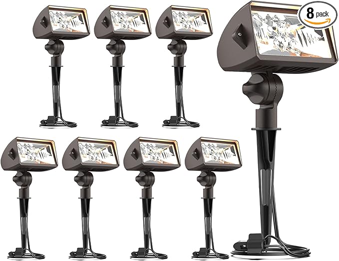 GOODSMANN Low Voltage Spotlights 18W LED Wall Wash Lights 12V Outdoor 8PK Brown Landscape Lighting Kits 1000 Lumen 2700K Warm White Metal Handwired Floodlights with Stakes and Connectors