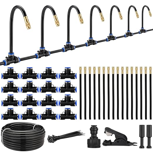 Geelin 49.21ft Garden Drip Irrigation System 360° Adjustable Watering Kit with 16 Nozzles Automatic Irrigation Watering Misting System for Greenhouse Yard Lawn Plant