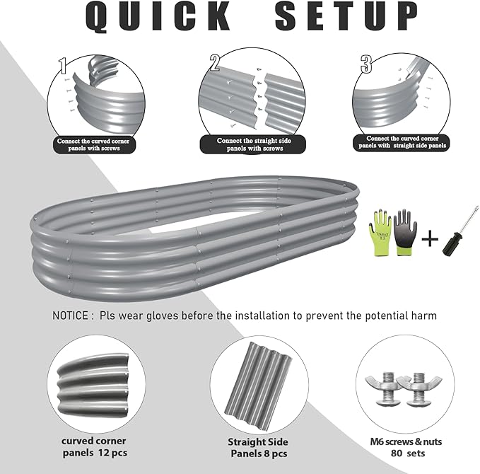 6 Pack 8x4x1FT Galvanized Raised Garden Bed Kit Oval Metal Ground Planter Box Outdoor Bottomless Planter Raised Beds for Vegetables Flowers Herbs Fruits Gray