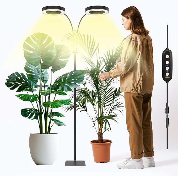 GLOWRIUM Grow Lights for Indoor Plants 36W Full Spectrum 2-Head LED Plant Light with Stand Adjustable Height 3/9/12H Timer 6 Dimmable Levels &amp 3 Lighting Modes(Black-Double Head)