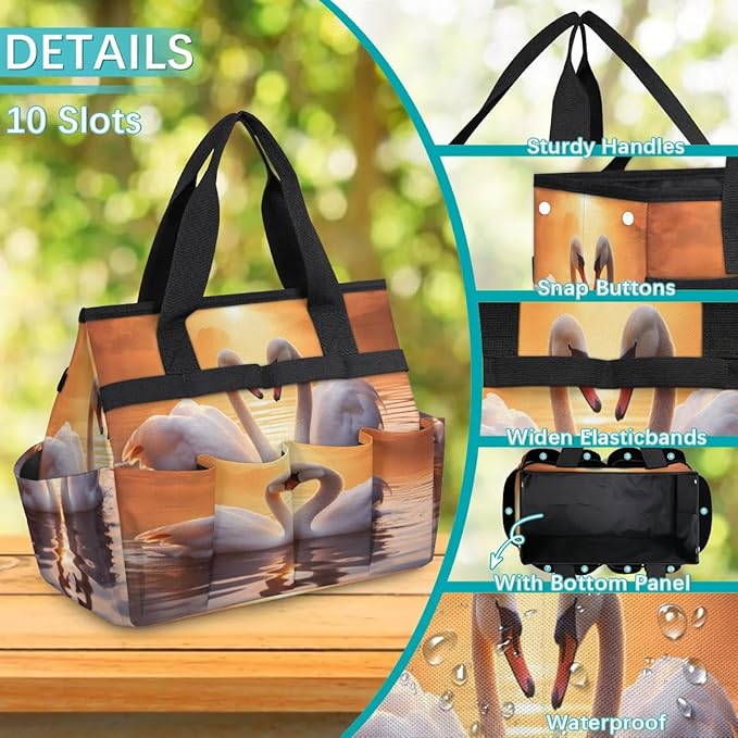 Sunset Beautiful Swans Garden Tool Bag Waterproof Garden Tool Storage Bag Heavy Duty Oxford Gardening Tool Bag with Handle &amp 10 Pockets for Men Women Outdoor Garden Lawn Yard
