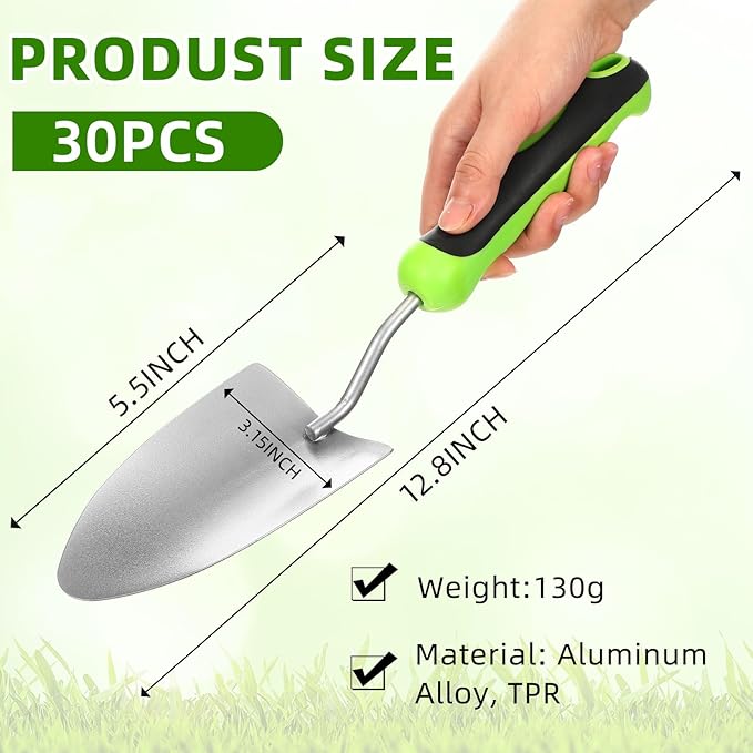30 Pcs Garden Shovel Aluminum Alloy Heavy Duty Trowel Small Digging Shovels Metal Hand Trowel Spade with Soft Handle for Garden Lawn Yard Planting Tool (Wide ShovelGreen)
