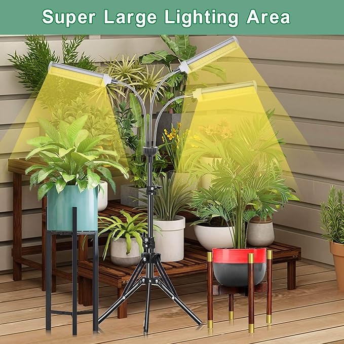 Plant Grow LightGrow Light for Indoor Plants with 20-60'' Height Adjustable- Full Spectrum Timer 3 Switch Modes Adjustable Tripod Stand &amp Gooseneck for Larger Plants (Tri Heads)
