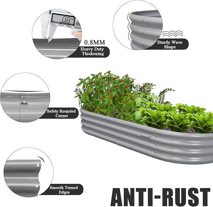 8 Pack 6x3x1FT Galvanized Raised Garden Bed Kit Oval Metal Ground Planter Box Outdoor Bottomless Planter Raised Beds for Vegetables Flowers Herbs Fruits Gray