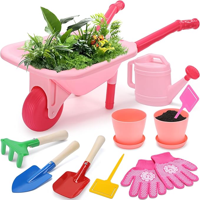CUTE STONE Kids Gardening Tool Set Pink Wheelbarrow with Garden Toys with Watering Can Gloves Hand Rake Shovel Trowel Outdoor/Indoor Pretend Play Toys for Toddlers Boys Girls Age 3+