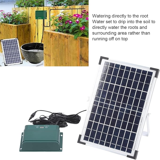Solar Automatic Drip Irrigation Kit 18V 10W Polycrystalline Silicon Solar Powered Auto Watering Gardening System for Indoor Outdoor Plants Gardens Balconies Terraces