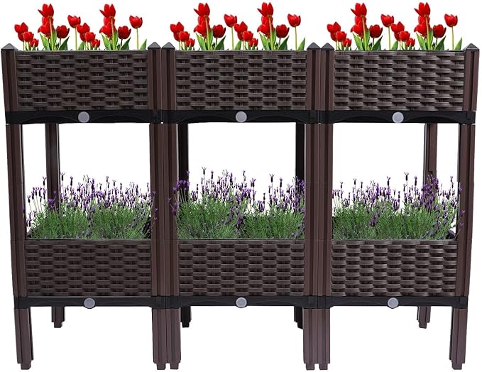 6PCS Square Raised Garden Bed Self-Watering Plastic Planter for Indoor Outdoor Vegetables Fruits Potato Flowers All Weather