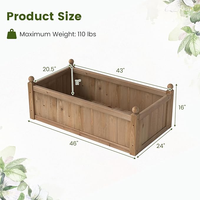 Giantex Wood Raised Garden Bed 46x24x16 Rectangular Planter Box w/Drainage Holes for Growing Vegetables Flowers Herbs Fruits Easy Assembly Outdoor Planting Bed for Backyard Garden Lawn