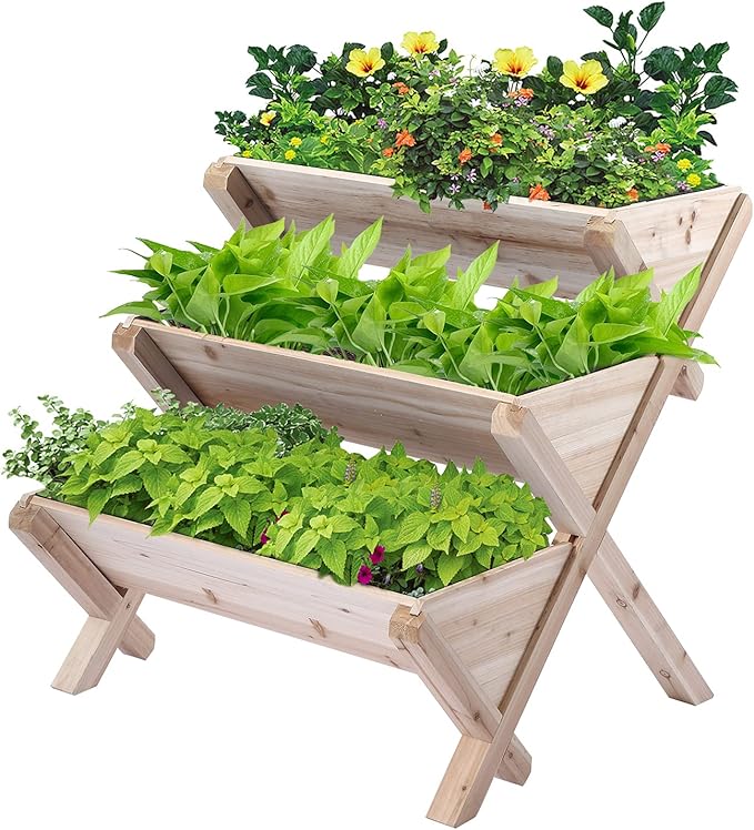3 Tiers Wooden Vertical Raised Garden Bed with LegsPlanter Raised Beds Kit for Flowers Herbs Vegetables Natural