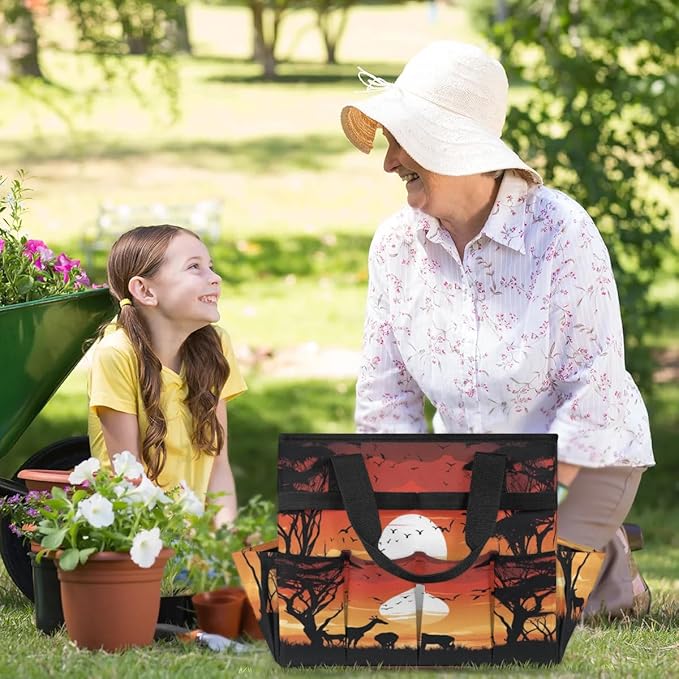 Deer Bird Tree Sunset Silhouette Garden Tool Bag Waterproof Garden Tool Storage Bag Heavy Duty Oxford Gardening Tool Bag with Handle &amp 10 Pockets for Men Women Outdoor Garden Lawn Yard