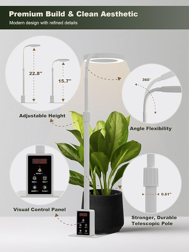 GLOWRIUM Smart LED Grow Lights for Indoor Plants G4 12W Full Spectrum 3500K with Grow lamp Bluetooth App Control 10-Level Dimming Gooseneck Height Adjustable 16-23 Auto Timer (White 12W)